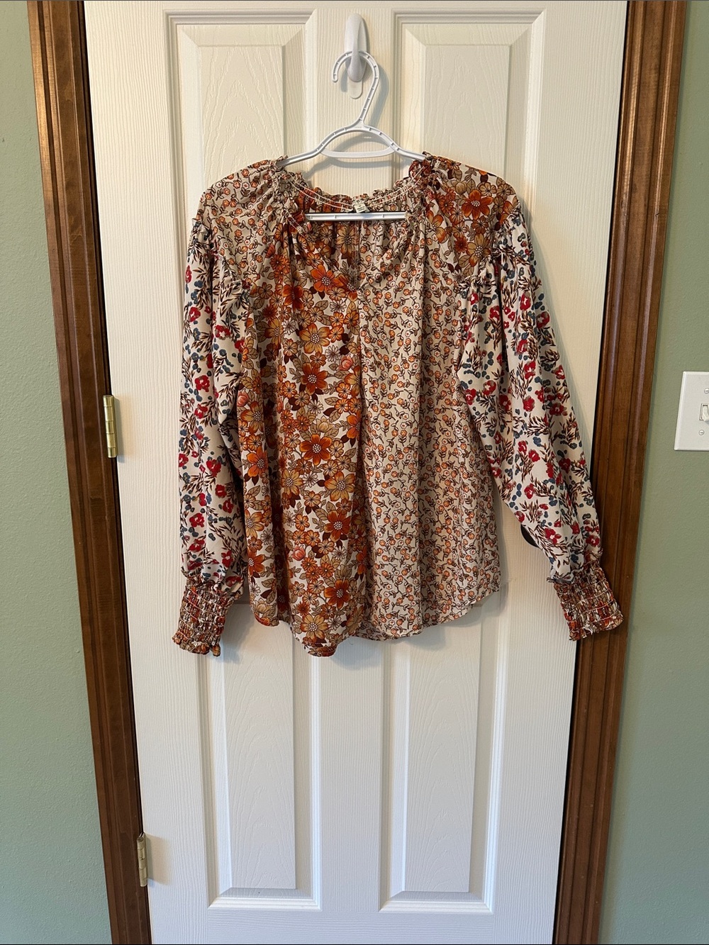 Umgee Floral Patchwork Peasant Blouse - Rust, Cream, Brown
